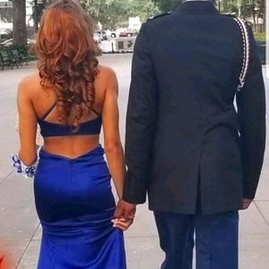 Sherri Hill Blue Satin Prom Dress